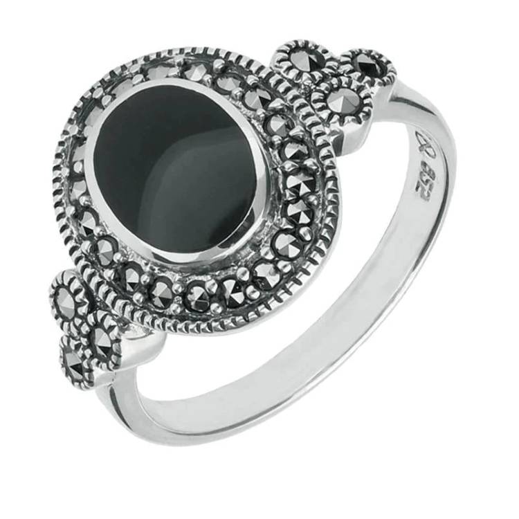 Sterling Silver Whitby Jet Marcasite Oval Beaded Edge Ring - Silver