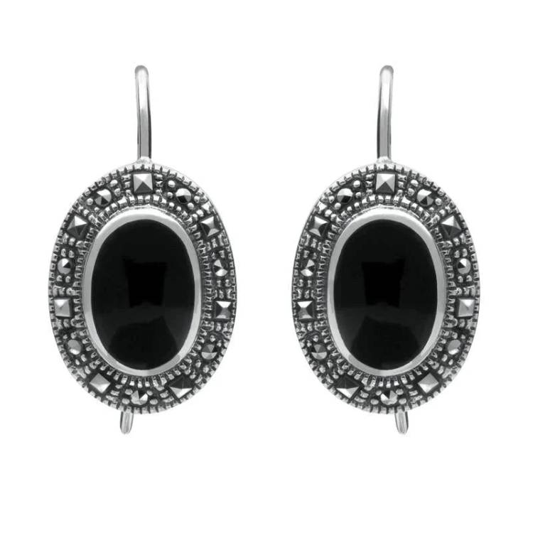 Sterling Silver Whitby Jet Marcasite Oval Drop Earrings - Silver