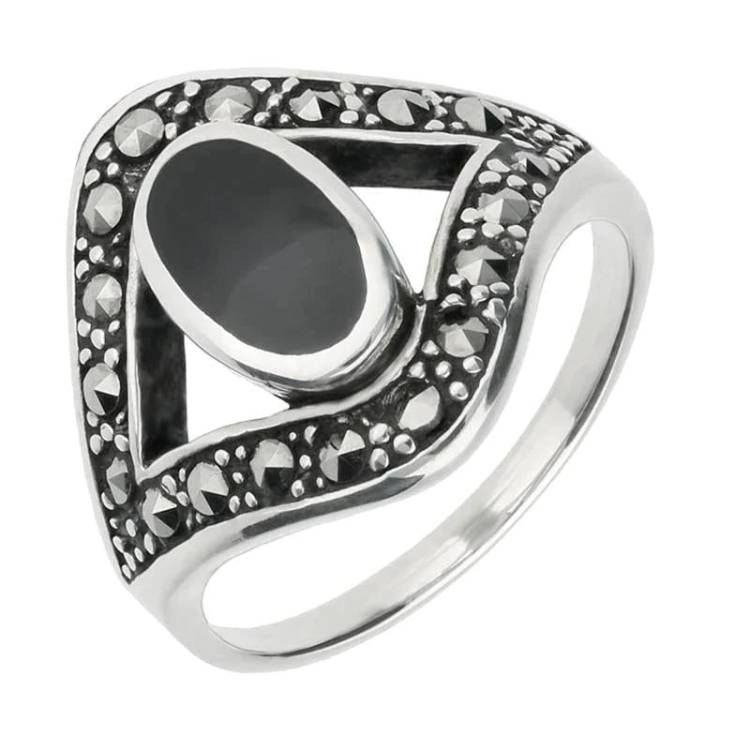 Sterling Silver Whitby Jet Marcasite Oval Split Edge Ring - Silver