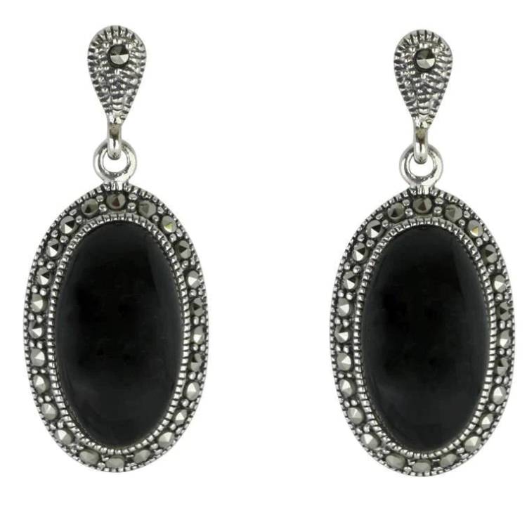 Sterling Silver Whitby Jet Marcasite Oval Star Back Drop Earrings