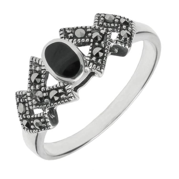 Sterling Silver Whitby Jet Marcasite Oval Triangle Ring - Option1 Value Silver
