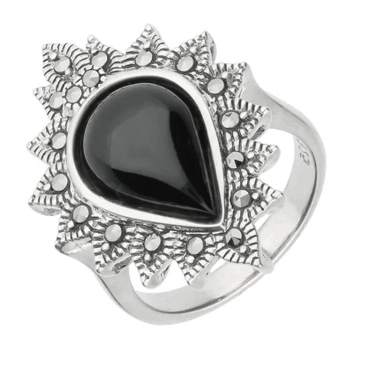 Sterling Silver Whitby Jet Marcasite Pear Beaded Edge Ring - Silver