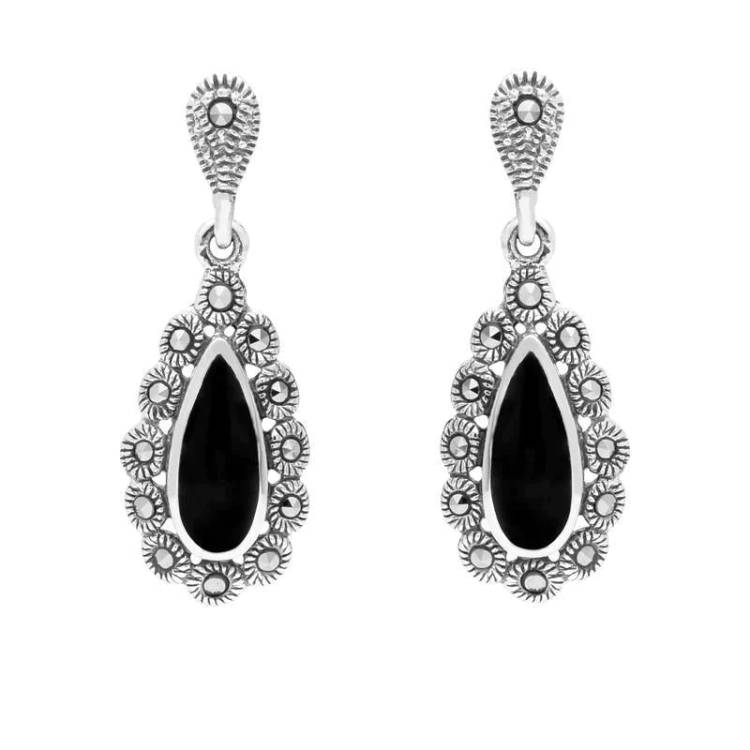 Sterling Silver Whitby Jet Marcasite Pear Centre Round Bead Earrings - Silver