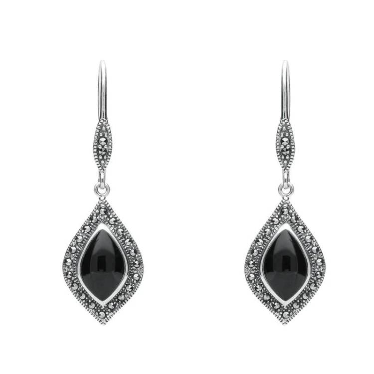 Sterling Silver Whitby Jet Marcasite Pointed Pear Hook Earrings - Silver
