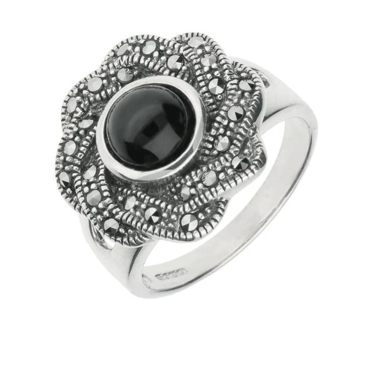 Sterling Silver Whitby Jet Marcasite Ribbon Edge Ring - Option1 Value Silver