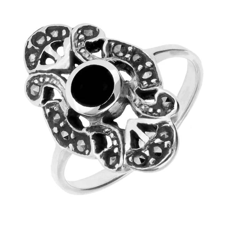 Sterling Silver Whitby Jet Marcasite Round Centred Long Dress Ring - Silver