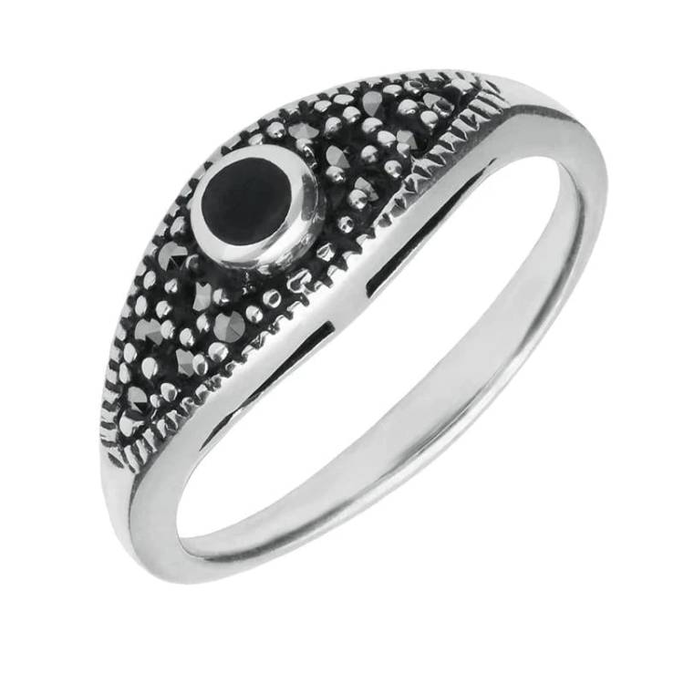 Sterling Silver Whitby Jet Marcasite Round Stone Ring - Silver