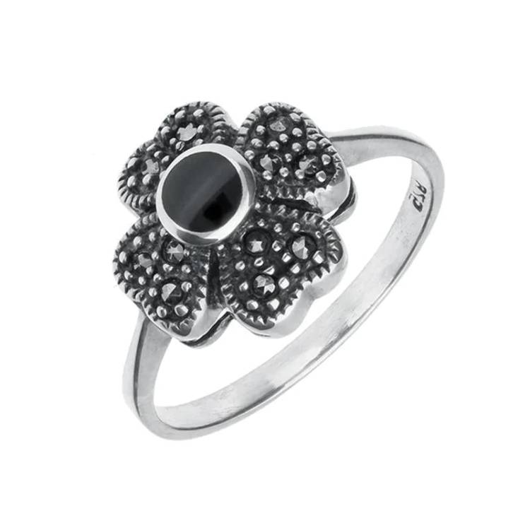 Sterling Silver Whitby Jet Marcasite Small Flower Ring - Silver