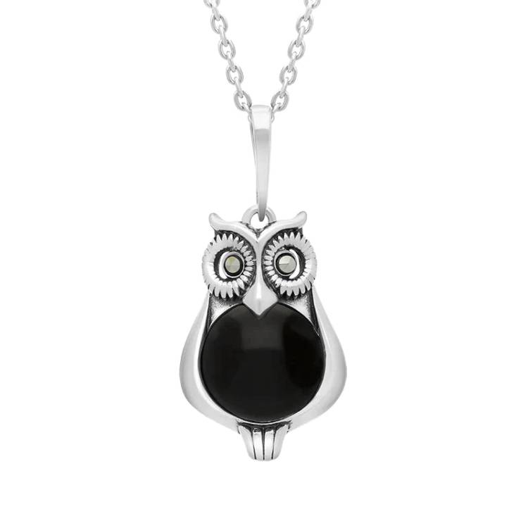 Sterling Silver Whitby Jet Marcasite Small Owl Necklace - Silver