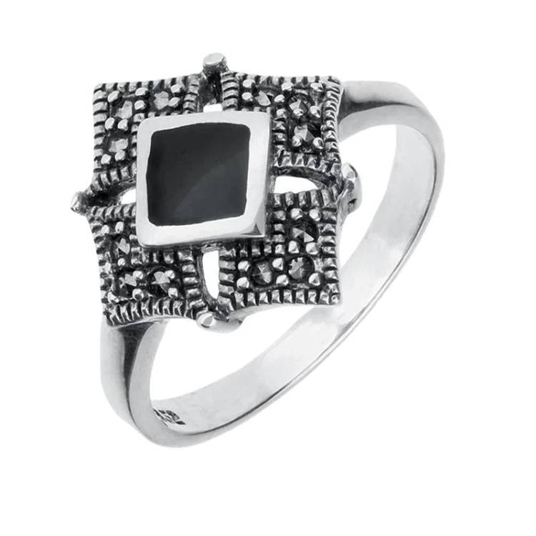 Sterling Silver Whitby Jet Marcasite Square Centre Beaded Edge Ring - Silver