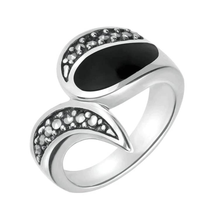 Sterling Silver Whitby Jet Marcasite Teardrop Shaped Ring - Option1 Value Silver
