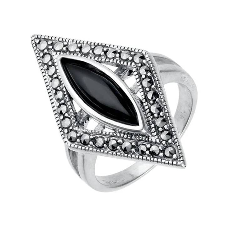 Sterling Silver Whitby Jet Marcasite Triangle Ring - Silver