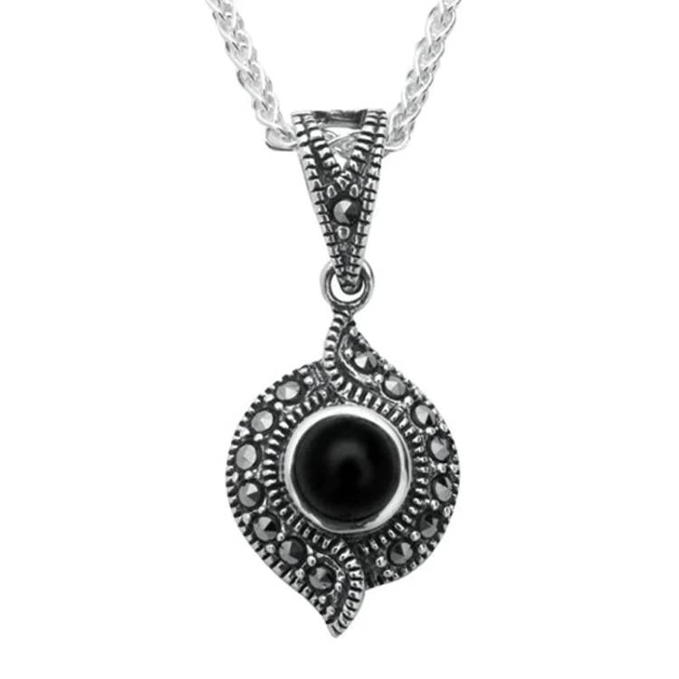 Sterling Silver Whitby Jet Marcasite Twisted Round Pendant Necklace - Silver