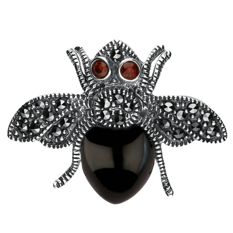 Sterling Silver Whitby Jet Marcasite Wings Garnet Bee Brooch - Silver