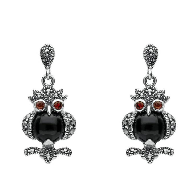 Sterling Silver Whitby Jet Marcasite and Garnet Owl Drop Earrings - Silver