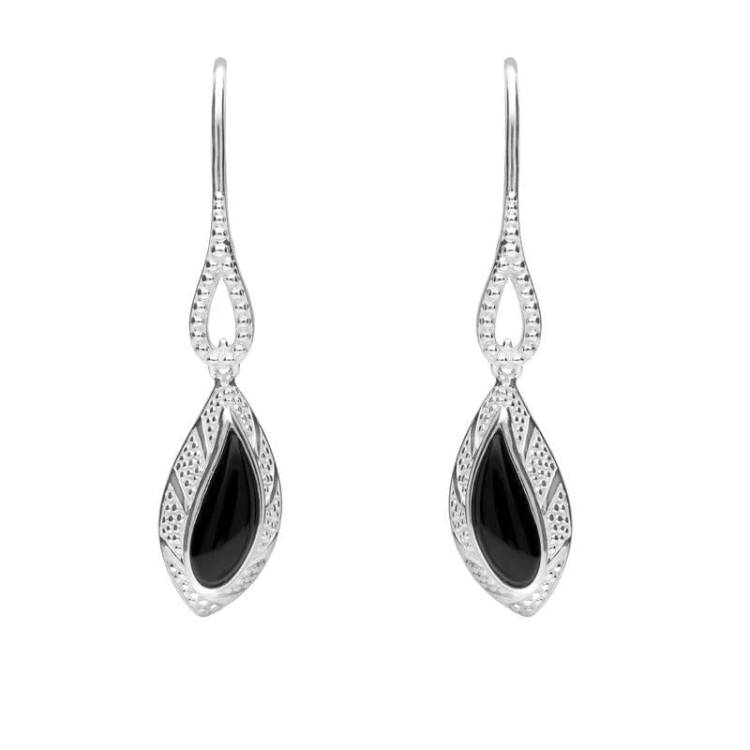 Sterling Silver Whitby Jet Marquise Beaded Edge Earrings - Silver