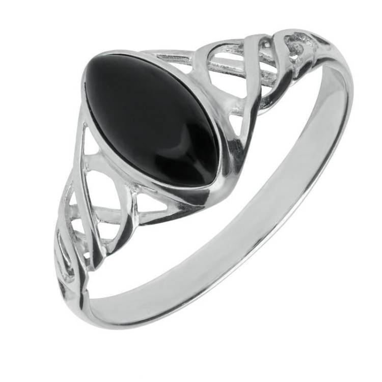 Sterling Silver Whitby Jet Marquise Celtic Ring - Silver