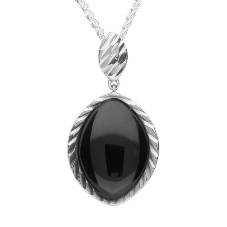 Sterling Silver Whitby Jet Marquise Diamond Cut Pendant Necklace - Option1 Value Silver
