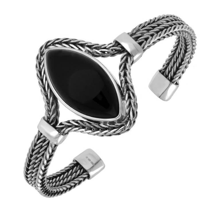 Sterling Silver Whitby Jet Marquise Foxtail Bangle - Silver