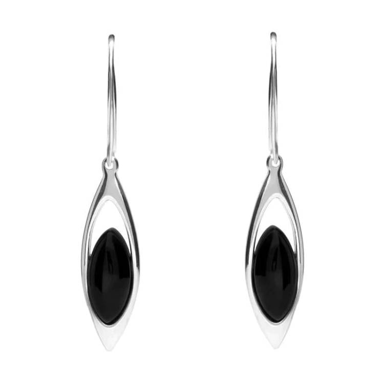 Sterling Silver Whitby Jet Marquise Open Drop Hook Earrings - Silver