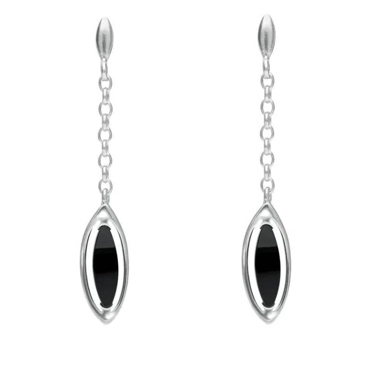 Sterling Silver Whitby Jet Marquise Open Edge Chain Drop Earrings - Silver