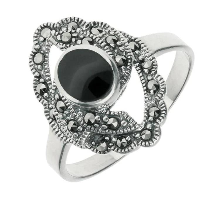 Sterling Silver Whitby Jet Marquise Oval Centre Twisted Ring - Option1 Value Silver