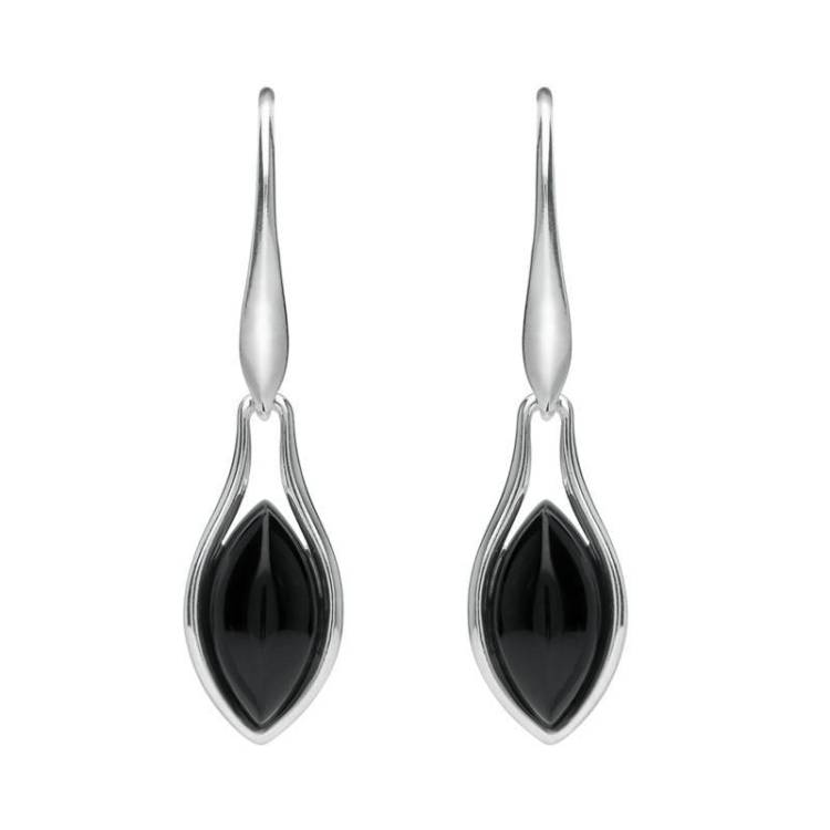 Sterling Silver Whitby Jet Marquise Part Set Drop Earrings - Silver