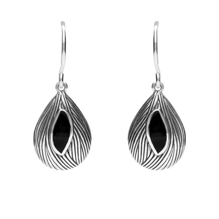 Sterling Silver Whitby Jet Marquise Shape Wave Wood Effect Earrings - Option1 Value Silver
