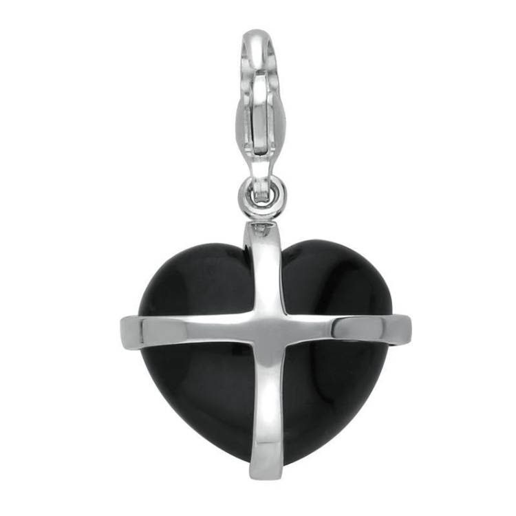 Sterling Silver Whitby Jet Medium Cross Heart Charm - Silver