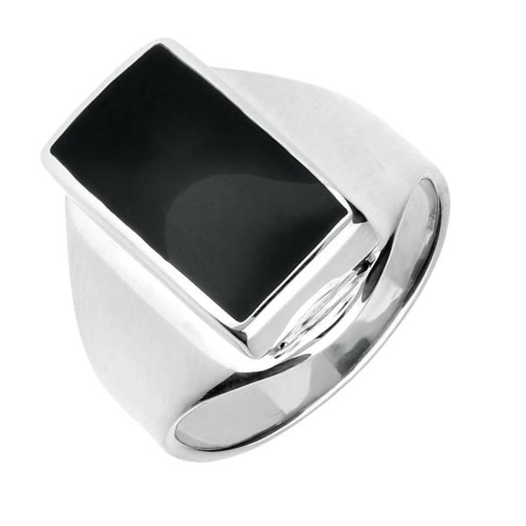 Sterling Silver Whitby Jet Small Oblong Ring - Silver