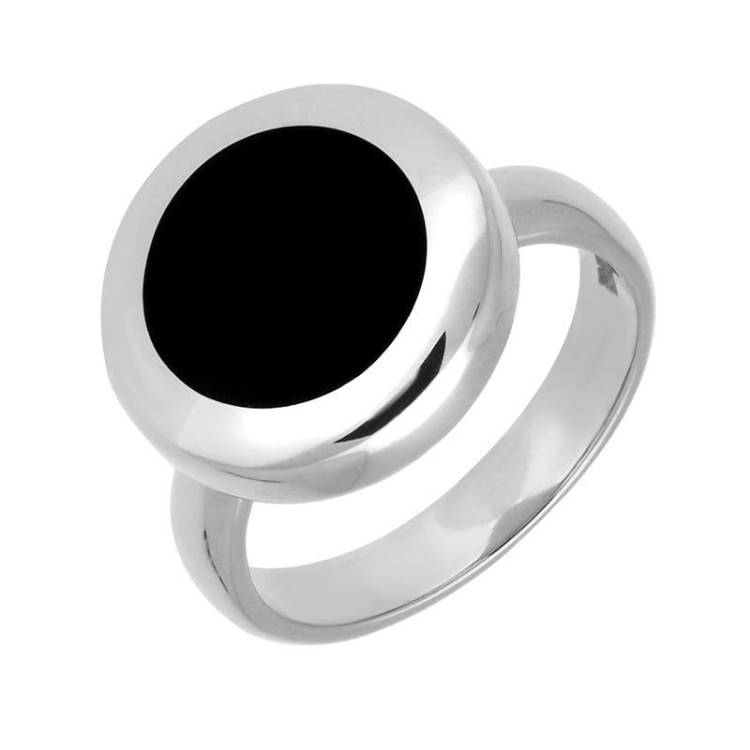 Sterling Silver Whitby Jet Modern Framed Round Ring - Silver