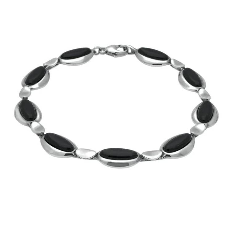 Sterling Silver Whitby Jet Nine Stone Long Oval Bracelet - Silver