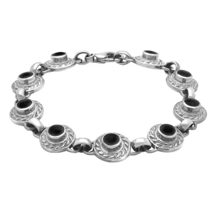 Sterling Silver Whitby Jet Nine Stone Round Rope Edge Bracelet - Silver