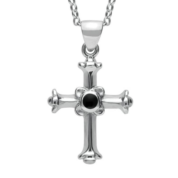 Sterling Silver Whitby Jet Norwich Cathedral Cross Necklace - Silver