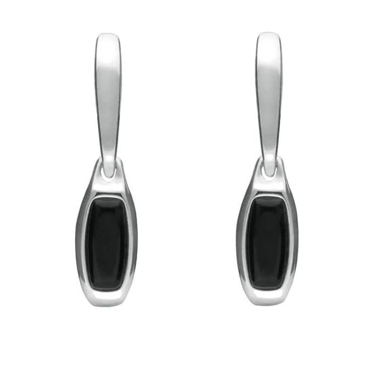 Sterling Silver Whitby Jet Oblong Hinged Drop Earrings - Silver