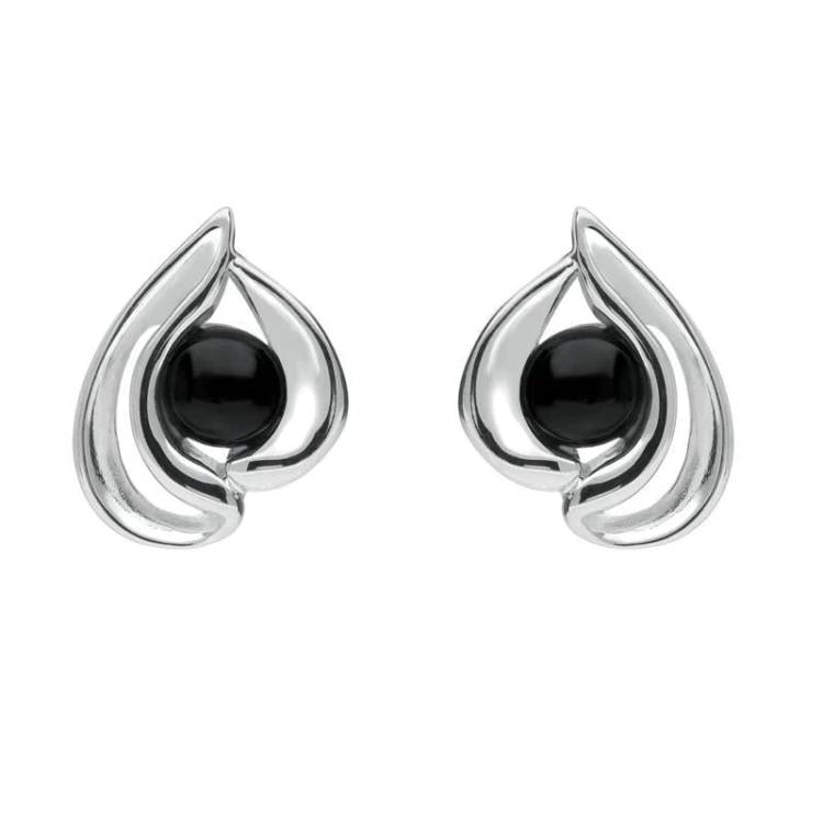 Sterling Silver Whitby Jet Open Teardrop Stud Earrings - Silver