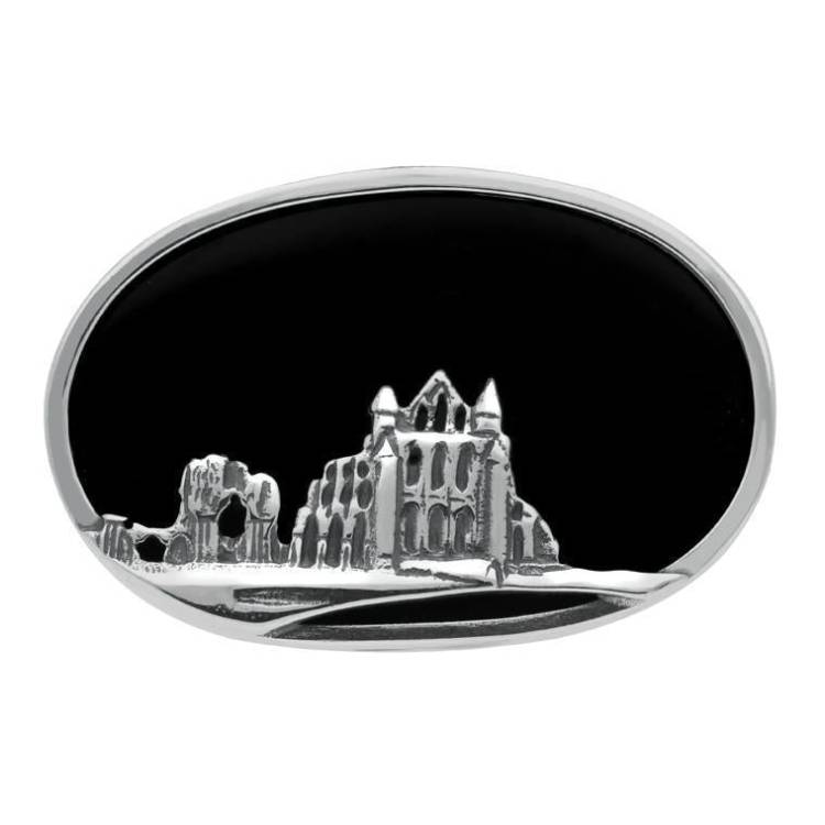 Sterling Silver Whitby Jet Gothic Oval Abbey Brooch - Silver