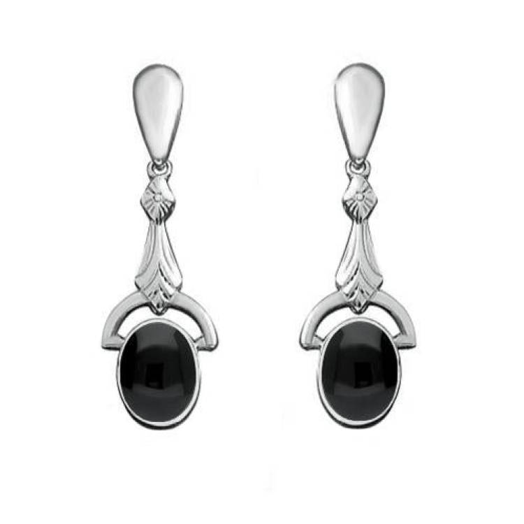 Sterling Silver Whitby Jet Oval Art Deco Drop Earrings - Silver