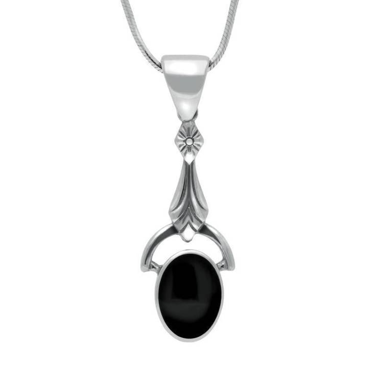 Sterling Silver Whitby Jet Oval Art Deco Drop Necklace - Silver