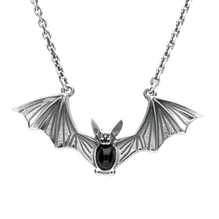 Sterling Silver Whitby Jet Oval Belly Bat Necklace - Silver