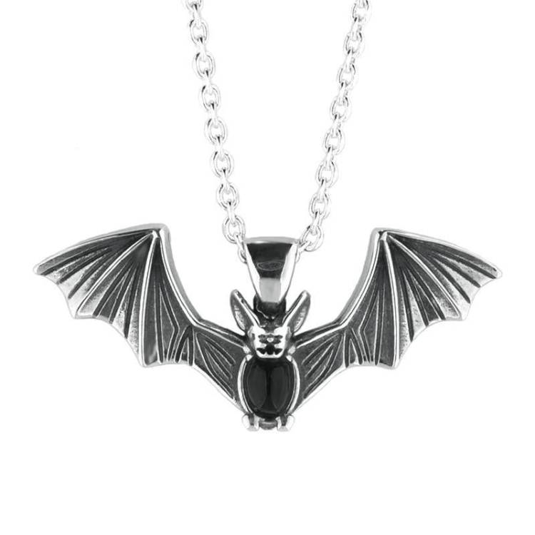 Sterling Silver Whitby Jet Gothic Oval Belly Bat Necklace - Silver
