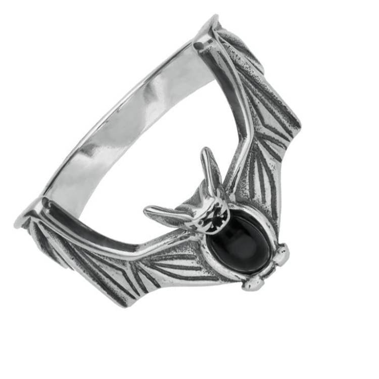 Sterling Silver Whitby Jet Oval Belly Bat Ring - Silver