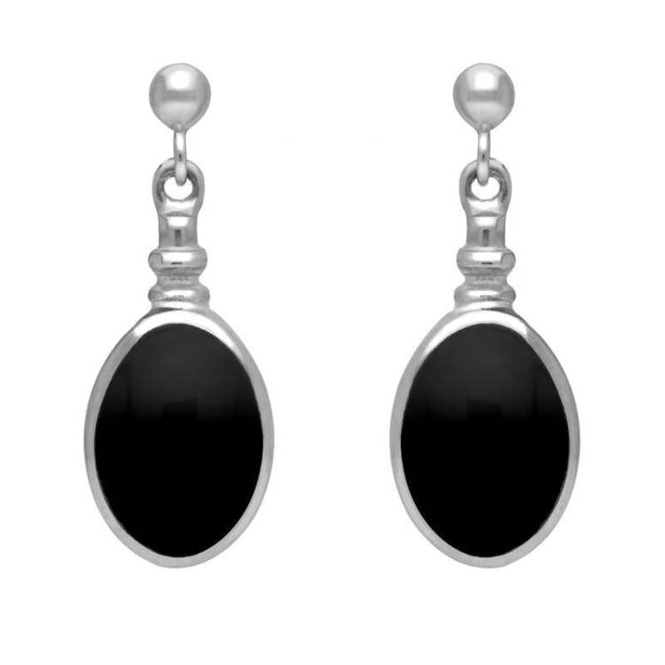 Sterling Silver Whitby Jet Oval Bottle Top Drop Earrings - Silver