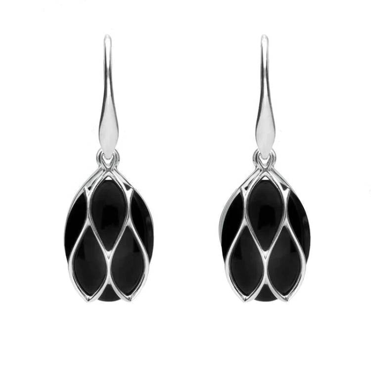 Sterling Silver Whitby Jet Oval Caged Drop Earrings - Silver