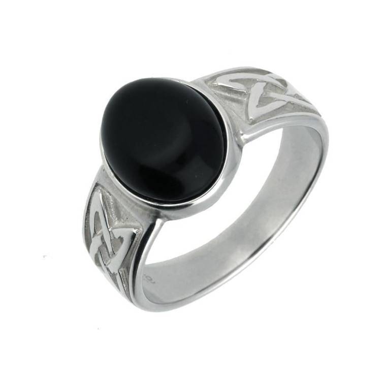Sterling Silver Whitby Jet Oval Celtic Wide Band Ring - Silver