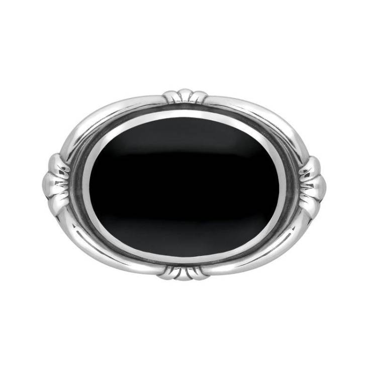 Sterling Silver Whitby Jet Heritage Oval Fleur Brooch - Silver