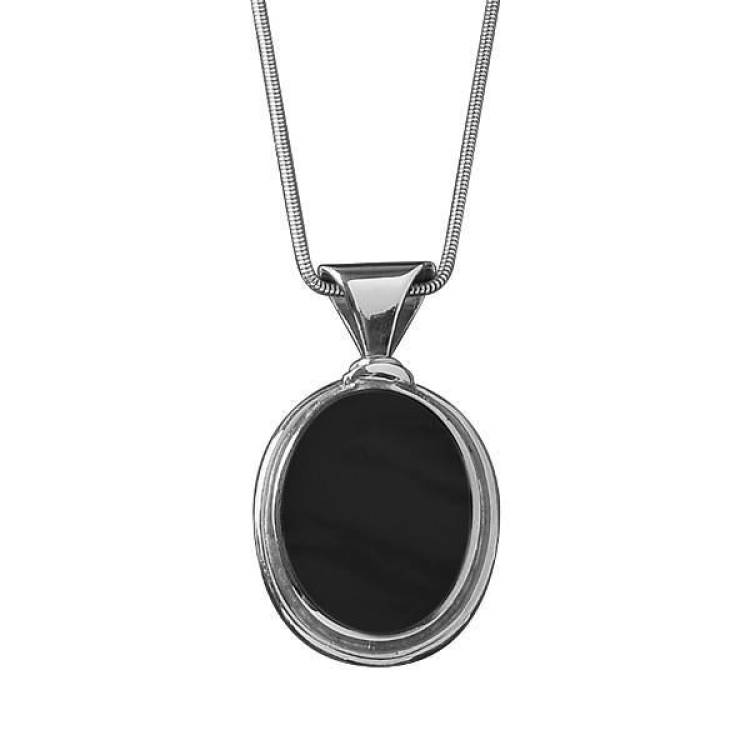 Sterling Silver Whitby Jet Heritage Oval Large Necklace - Silver
