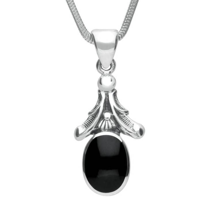 Sterling Silver Whitby Jet Heritage Oval Leaf Drop Necklace - Silver