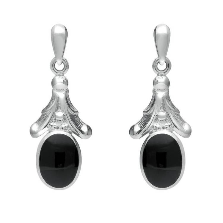 Sterling Silver Whitby Jet Oval Leaf Drop Stud Earrings - Option1 Value Silver