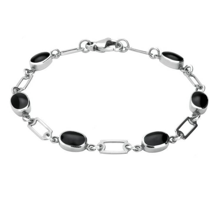 Sterling Silver Whitby Jet Oval Linked Bracelet - Silver